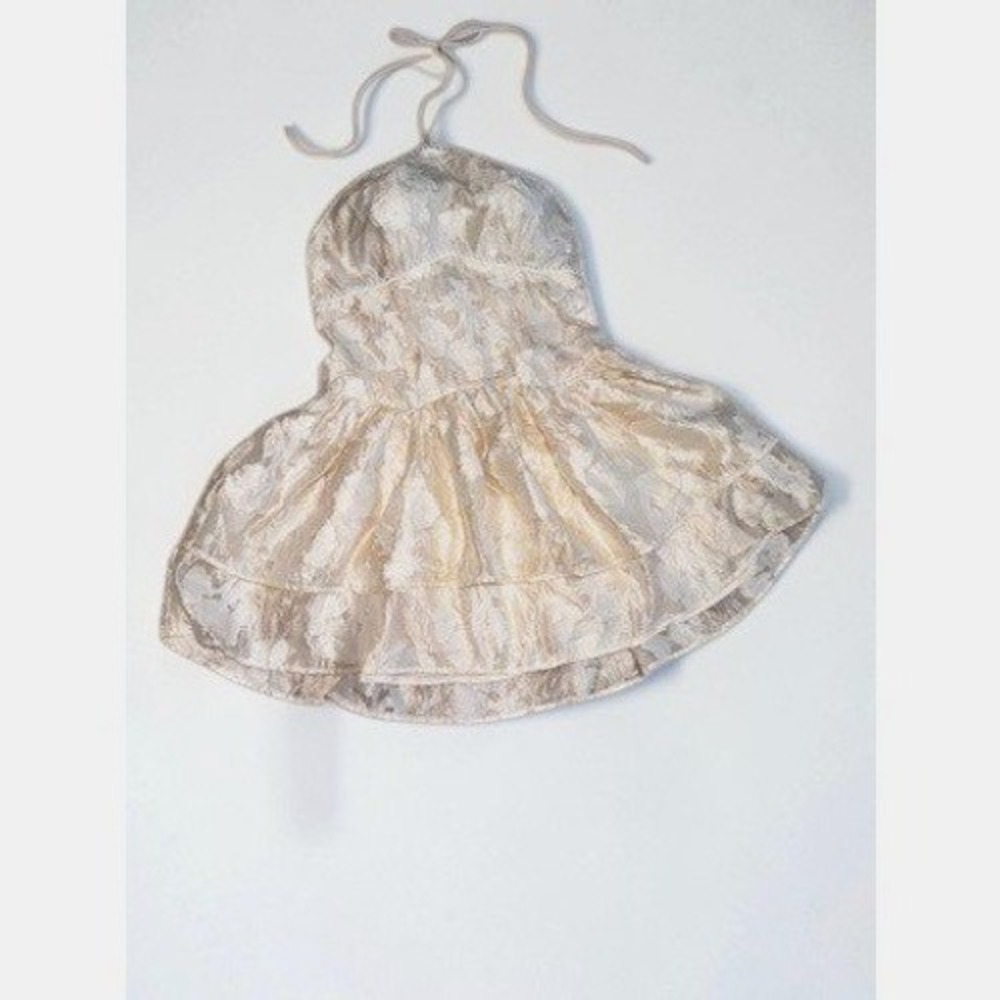 Cider Champagne Beige Jacquard Halter Mini Dress Double Ruffle Skirt Large NWT